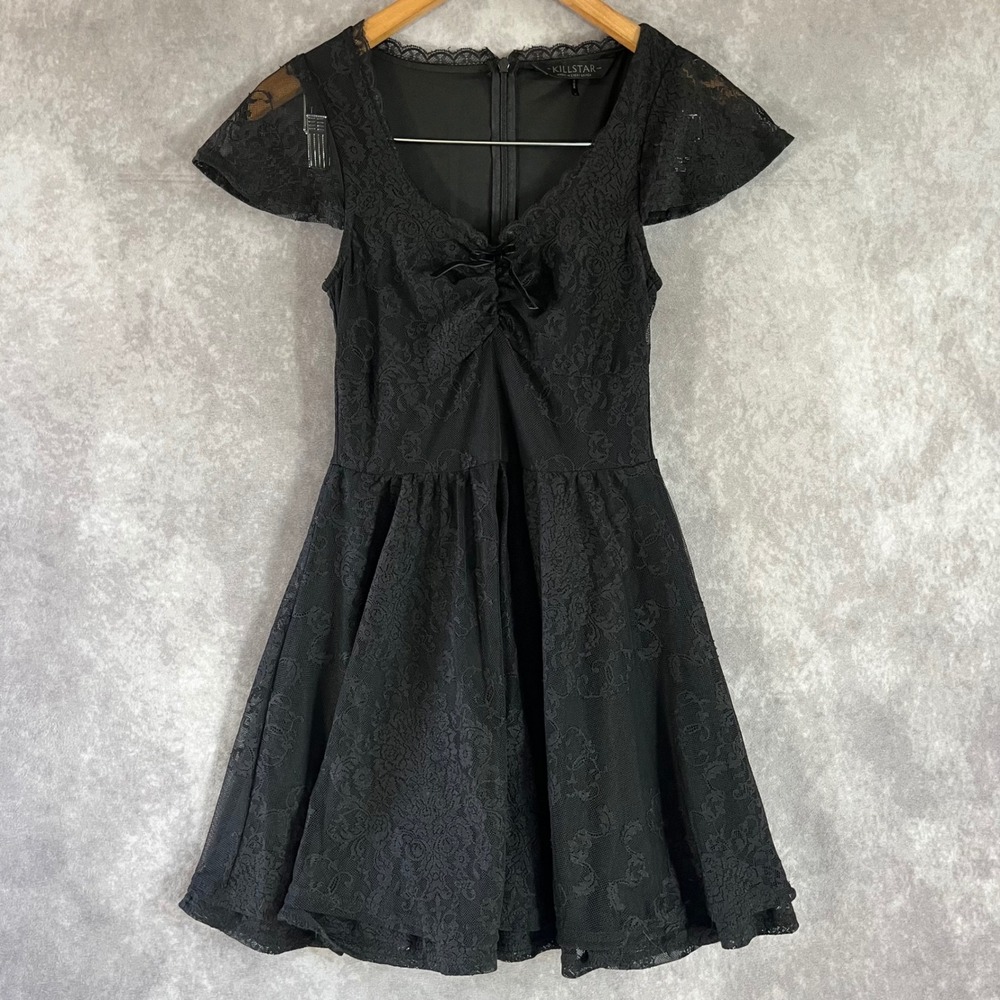 Killstar Lace Mini Dress Women XS Black Gothic Fit Flare Cap Sleeve Bow Detail